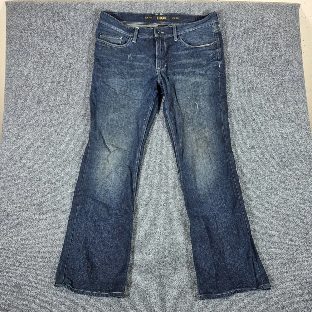Helix Slim Boot Jeans Mens Dark Wash Blue Denim Tagged 36x32 Actual 36x31 Used